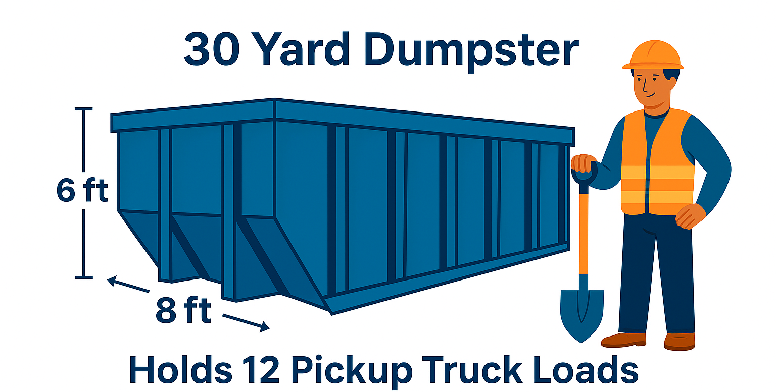30 Yard dumpster infographic showing dimensions and capacity